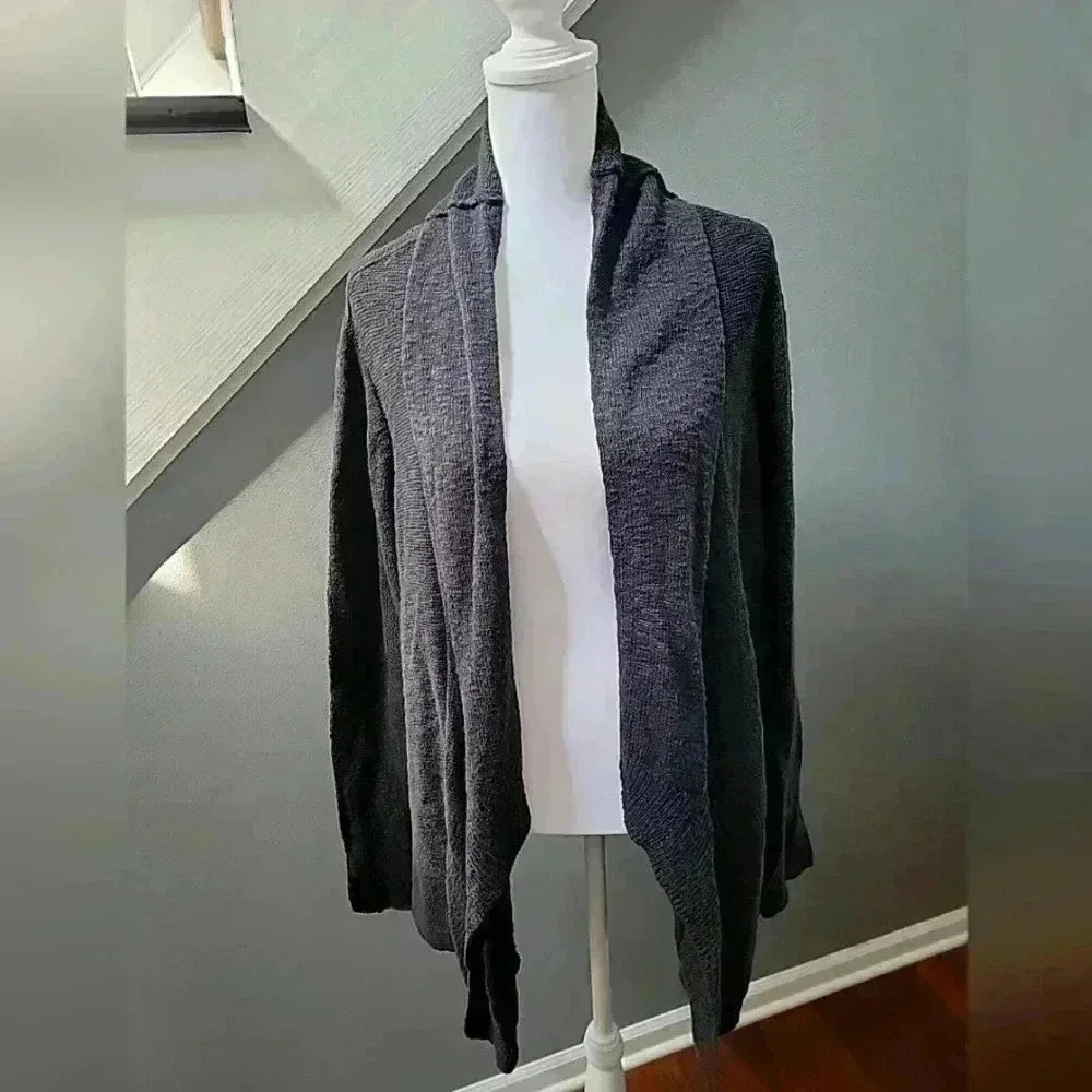 Eileen Fisher Charcole Gray Open 100% Organic Cotton Asymmetrical Hem Cardigan L